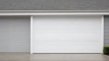 Classic Charm: American White Garage Door with Front Driveway. 