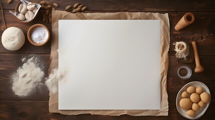 Fototapeta na wymiar Baking paper on wooden kitchen table for menu or recipes, top view