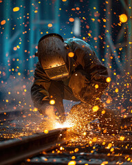 Close up welder worker working on steel welding with spark light at industrial site