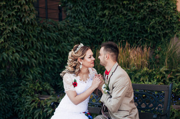 wedding couple walking on the street