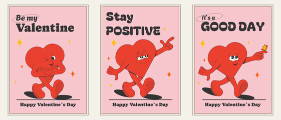 Fototapeta na wymiar set of funny groovy posters, prints, stickers with cartoon hearts and motivational quotes for Valentine's day.Vector illustration in retro style of the 60s-70s