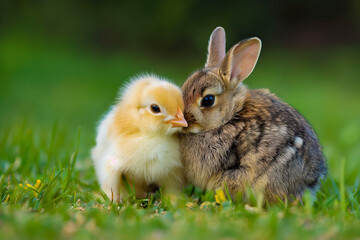 Fototapeta premium Cute Easter card picture of a bunny and yellow baby chicken friends hug on spring garden lawn with copy space