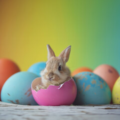Cute Easter card picture of a baby rabbit bunny hatching and sitting in painted pink broken Easter egg, colorful studio background with painted Easter eggs and copy space