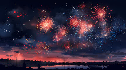Happy New Year, burning fireworks with bokeh light background