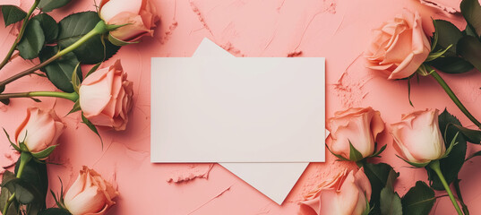 Blank White Paper Note Surrounded by Pink Roses on Textured Background for Mother's Day, Spring, or Valentine's Day