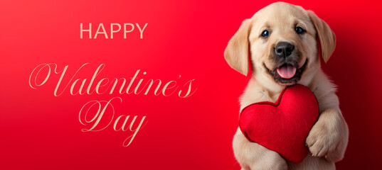 Cute dog with a red heart, isolated on red background: Ideal Template for Valentine's Day, Love, or...