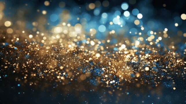 Abstract background featuring sparkling golden glitter over a dark blue bokeh effect, evoking a magical night sky.