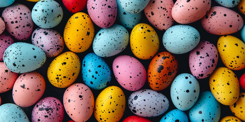 A multitude of speckled Easter eggs fills the frame, a colorful feast for the eyes, ideal for festive backgrounds or event decor. Easter banner, colourful egg background or pattern. - obrazy, fototapety, plakaty