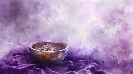 Watercolor illustration of Ash Wednesday concept, featuring a bowl of ashes on a purple cloth, soft and reflective ambiance, delicate brushstrokes capturing the solemn mood