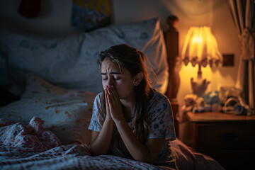 A woman praying at her bedside, prayer, faith, belief in god concept - obrazy, fototapety, plakaty