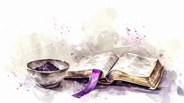 Illustration of an open bible with a purple bookmark and a bowl of ashes beside it, representing Ash Wednesday, tranquil and solemn mood, watercolor style