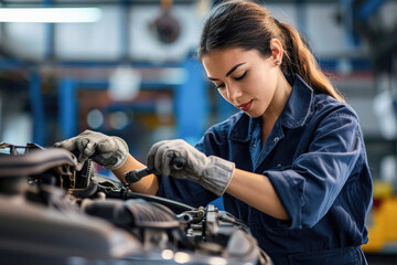 Professional woman mechanic working on car engine in garage. Concept of car repair service. 