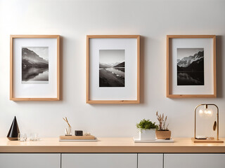 Realistic A3, A4-size blank woo picture frames that are rectangular and square in shape hang on a white wall from the front. An empty wood frame with shiny glass is an example. Mockup design template.