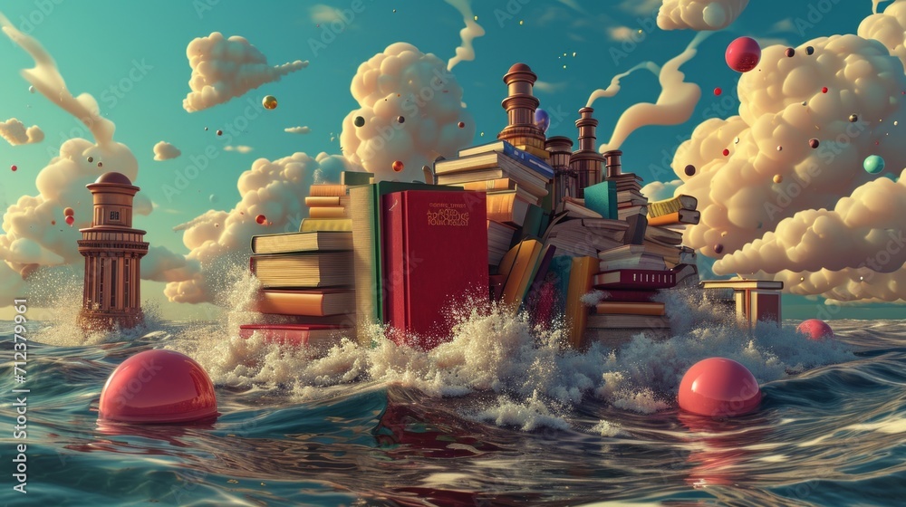 Wall mural World book day. Fantasy and literature concept. 3D style Illustration of magical book with fantasy stories inside it.