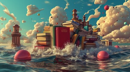 World book day. Fantasy and literature concept. 3D style Illustration of magical book with fantasy...