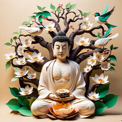 Obraz premium Illustration kirigami Buddha sitting in meditation under the big tree surrounded, generative ai