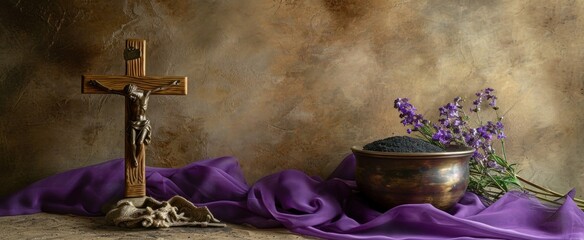 Ash Wednesday Still Life with Crucifix and Ashes. Still life of Ash Wednesday with purple cloth, ash bowl, and a crucifix, elegant and somber composition - Powered by Adobe