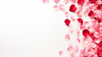 Rose petals on isolated white background with copy text space - ai generative