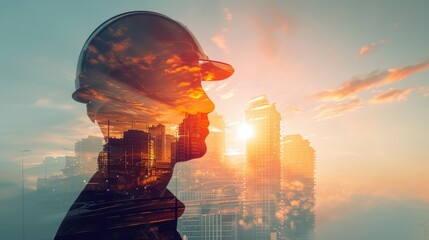 an engineer wearing a helmet, double exposure with the sightly skyscraper, sunset colors - obrazy, fototapety, plakaty