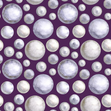 Seamless pattern of watercolor glossy pearls. Hand drawn jewelry illustration. Hand painted pearl jewellery elements on purple background. For fabric, sketchbook, wallpaper, wrapping paper.