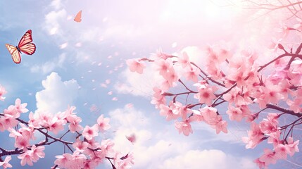 Obraz na płótnie Canvas Pink Sakura flowers, blue sky and butterflies on the nature outdoors. romantic dreamy spring image, landscape 