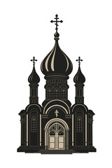 Christian cathedral, temple, church. Religious architectural structure. Orthodox church building with onion domes, crosses, bell tower and chapel. Black silhouette. Vector on white background.