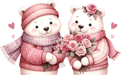Valentine Polar Bear Watercolor clipart, Cute Couple polar bear, Valentine Couple PNG, Cute Polar bear, Love Polar bear, Romantic Polar bear