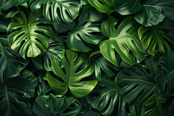 Fototapeta na wymiar Lush green monstera leaves, plant background 