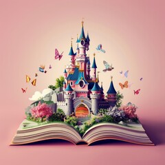 World book day. Fantasy and literature concept. 3D style Illustration of magical book with fantasy stories inside it. Designed to greeting or celebrate World Book Day.