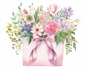 Pink shopping bag with pink and yellow spring flowers and leaves, pastel colors. Isolated watercolor illustration
