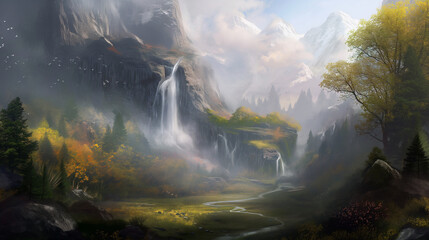 a fantasy scene with mountain, trees, and waterfall in the background, in the style of desolate landscapes, grandiloquent landscapes
