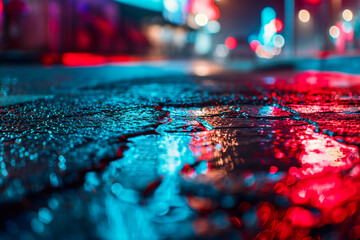 Wet asphalt texture in the night under neon lights