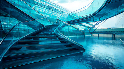 Abstract transparent architectural glass structure on the water, with glass stairs and surfaces. Creative fantasy futuristic architecture concept.