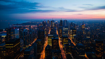 Fototapeta na wymiar Metropolitan skyline at dusk, wide angle aerial shot