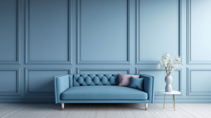  Blue sofa against paneling wall. Minimalist loft home interior design of modern living room.