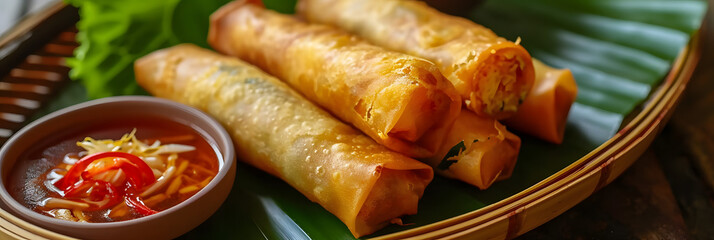 Lumpia, a traditional Indonesian snack, consists of vegetable-filled spring roll skin made from eggs and flour in Semarang. - obrazy, fototapety, plakaty
