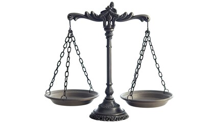 Balance scales of justice isolated on white background. Vintage balanced scales isolated on white background. Law and justice concept.