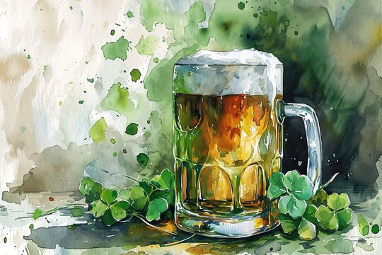 Patrick's Day background with mug beer and shamrock watercolor illustration