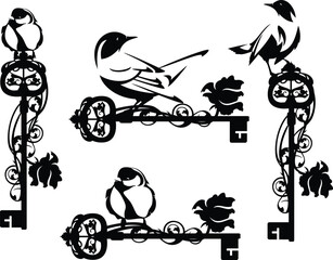cute small birds holding antique skeleton key decorated with rose flower - fairy tale mysterious garden black and white vector design set