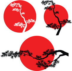 elegant long pine tree branch against red sun disk - traditional japanese nature vector silhouette design set