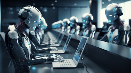 The concept of the robot's automatic workplace in the call center works as a controller of customers working on a desktop computer. - obrazy, fototapety, plakaty