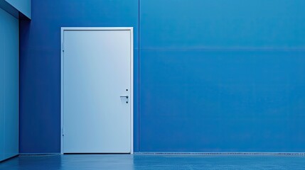 Wooden white door and empty blue wall. - obrazy, fototapety, plakaty