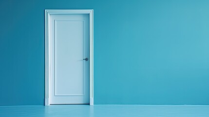 Wooden white door and empty blue wall. - Powered by Adobe