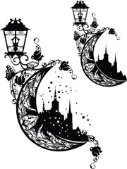 fairy tale medieval castle on a crescent moon with lantern and rose flowers - night time fantasy kingdom black and white vector silhouette design