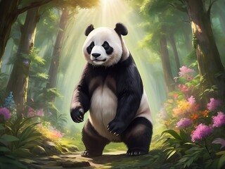 Obraz premium A majestic panda, its fur puffy and soft, stands tall in a lush forest filled with vibrant green trees and colorful flowers. 