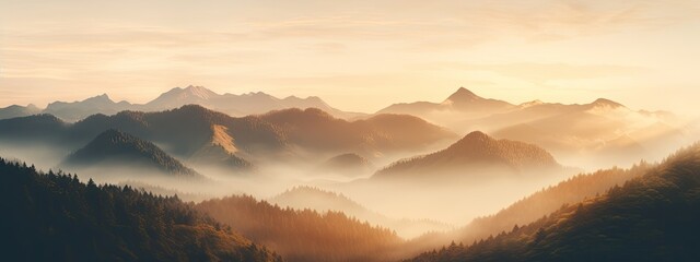 Fototapeta na wymiar Golden sunrise illuminating the misty mountains. Good atmosphere in the morning. Relax view