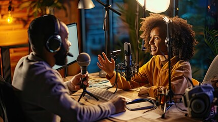 Young attractive couple host talking to smiling colleague with microphones, headphones. Modern man and woman discussing in radio studio. - Powered by Adobe