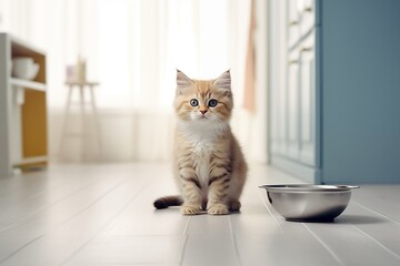 A cat in the kitchen near an empty food bowl is waiting to be fed, a hungry pet - obrazy, fototapety, plakaty