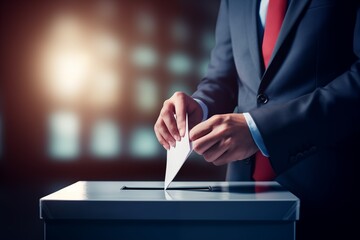A man in a suit casts his vote, drops a piece of paper into the ballot box. Elections and voting day
