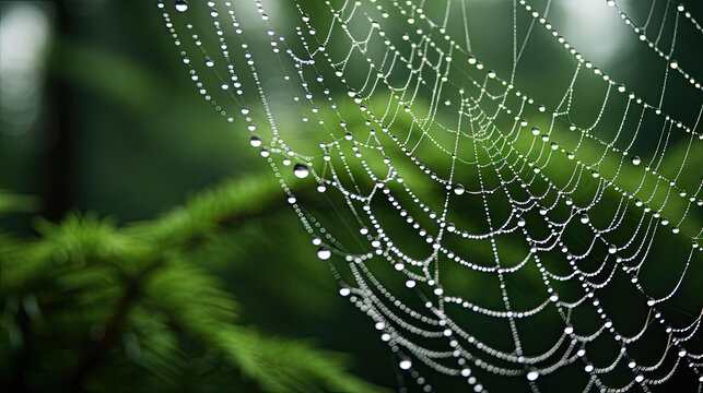 Gossamer threads adorned with dew, the dainty spider's web unveils enchanted forest tales in morning ligh